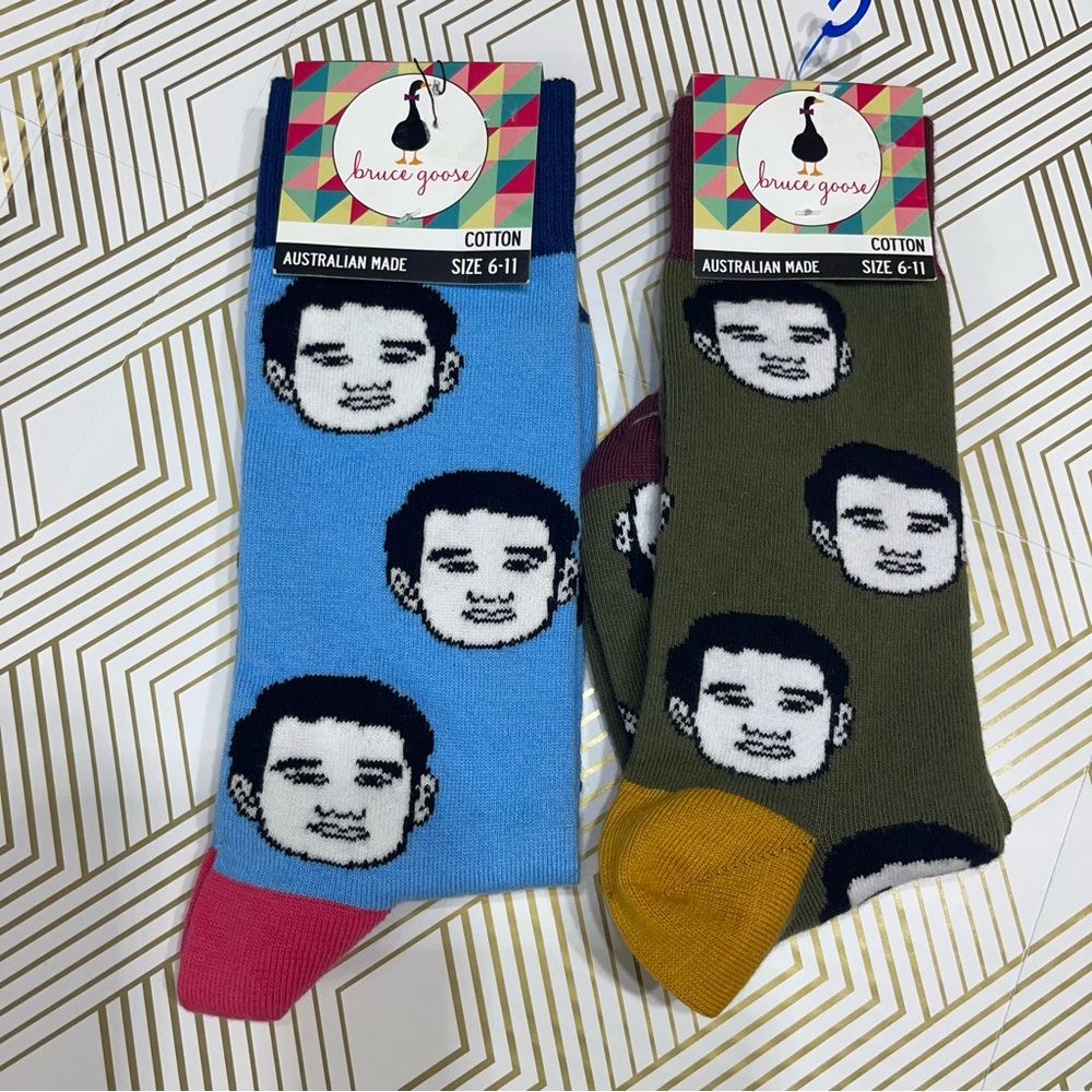 Australian socks Bruce Goose 2 pair size 6-11 NEW‎ with tags Ronny Chieng C13